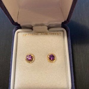 Yellow Gold Genuine Amethyst Stud Earrings